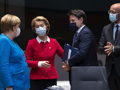 Angela Merkel, Ursula von der Leyen, Giuseppe Conte, Charles Michel au Conseil Européen-