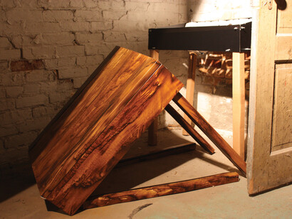 Hilary Wilder, Greatest American Hero (Thoreau's Desk Eight Times), 2011 – 2014, hand-painted Yupo paper each desk 35 x 29 x 23 inches, installation dimensions variable, courtesy of the artist