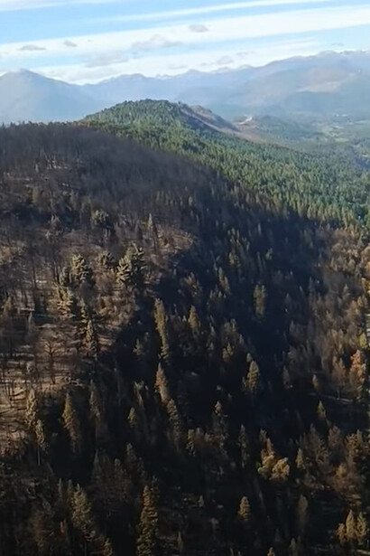 Aerial view of the damage from the February 2025 forest fires in El Bolson, Río Negro, Argentina
