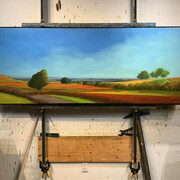 Ross Penhall, Recent Paintings, photo from the artist's studio, artwork: Edge of the Bay, oil on canvas, 34x84 inches. Courtesy of the artist and Caldwell Snyder Gallery