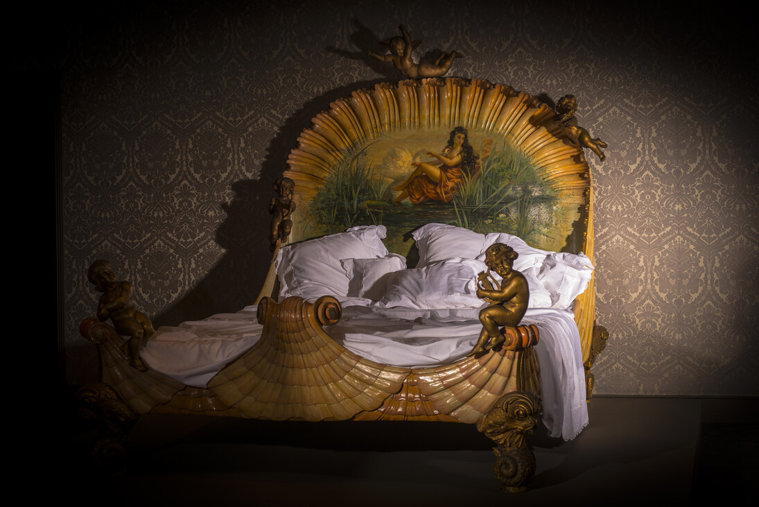 Bed, after 1860, painted, gilt and carved wood, Ville de Neuilly-sur-Seine. Photo: Jan-Kees Steenman
