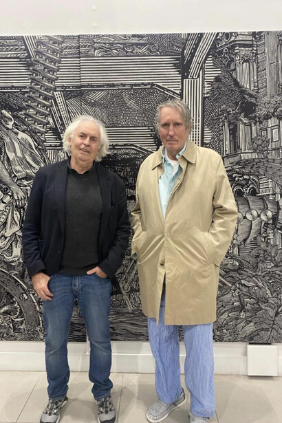Hans Weigand and Raymond Pettibon at the Opening. Courtesy of The Opening Gallery