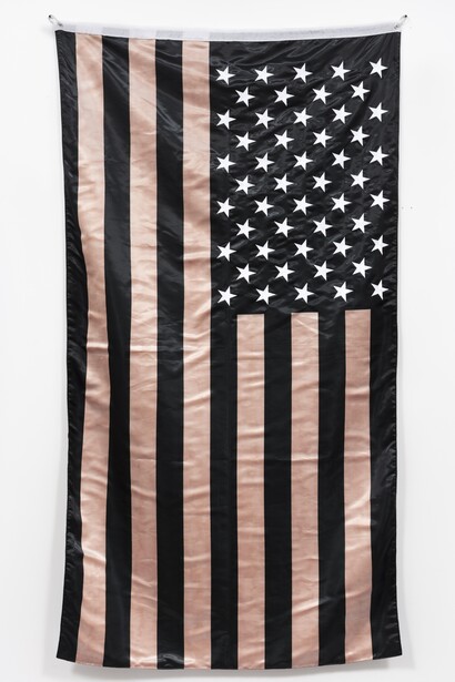 Carlos Martiel,
Insignia VI, 2024,
Satin and blood of a Native American person
78 3/4 x 51 1/8 inches (200 x 130 cm). Courtesy of the artist and Steve Turner Gallery