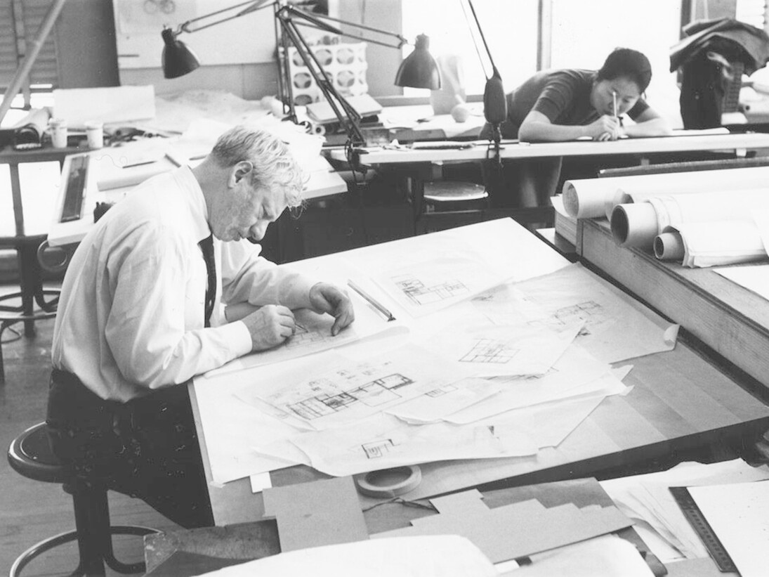 Louis Kahn working on Fisher House design, 1961, Louis I. Kahn Collection, University of Pennsylvania and the Pennsylvania Historical and Museum Commission