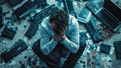 A man in distress surrounded by keyboards, representing how uncertainty grows when innovation moves faster than understanding