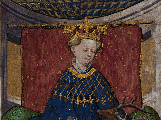Queen of Stags, from The Stuttgart Playing Cards (Das Stuttgarter Kartenspiel)
German, Upper Rhineland, ca. 1430
Paper (six layers in pasteboard) with gold ground and opaque paint over pen and ink
7 ½ × 4 ¾ in. (19.1 × 12.1 cm)
Landesmuseum Württemberg, Stuttgart (KK grau 15)
Image: © Landesmuseum Württemberg, Stuttgart, photo: H. Zwietasch