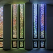 Barrow Parke,
GRB5 (detail), 2023,
1/2 inch vinyl squares on windows,
University Art Museum, University at Albany,
Dimensions variable, Photo by Jesse Alsdorf.
Courtesy of the artists and JDJ, New York and Garrison