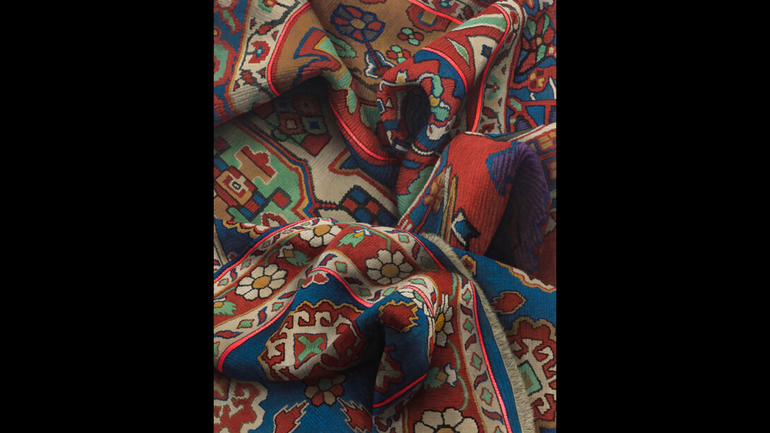 Matthew Hansel, A Patterned Promised Land (Red), 2023, oil and flashe paint on canvas, 70×56 inches. Courtesy of the artist and The Hole Gallery, LA