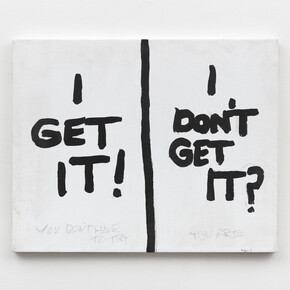 Gene Beery,
I Get It! I Don’t Get It?, 2000s,
acrylic and graphite on canvas,
16 x 20 in (40.6 x 50.8 cm). Courtesy of the artist and Bel Ami Gallery