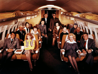 A scene from Airport movie, with Dean Martin, Jacqueline Bisset, Jean Seberg, Burt Lancaster, Lloyd Nolan, Maureen Stapleton, Helen Hayes, Van Heflin, Dana Wynter, Barry Nelson, Barbara Hale, George Kennedy