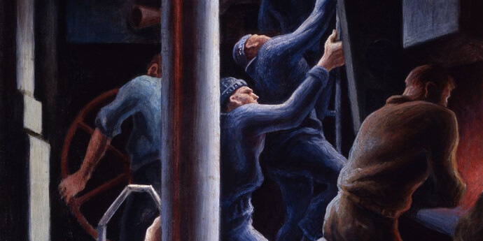 Thomas Hart Benton (American, 1889 –1975), Up the Hatch, 1943, oil on press board, 37 x 27 in. (framed dim.), Navy Art Collection, Naval History and Heritage Command, Washington, D.C., 88-159-BQ.
