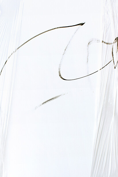 Acrylic, lacquer, spray paint, and PE film on canvas, 185 x 130 cm