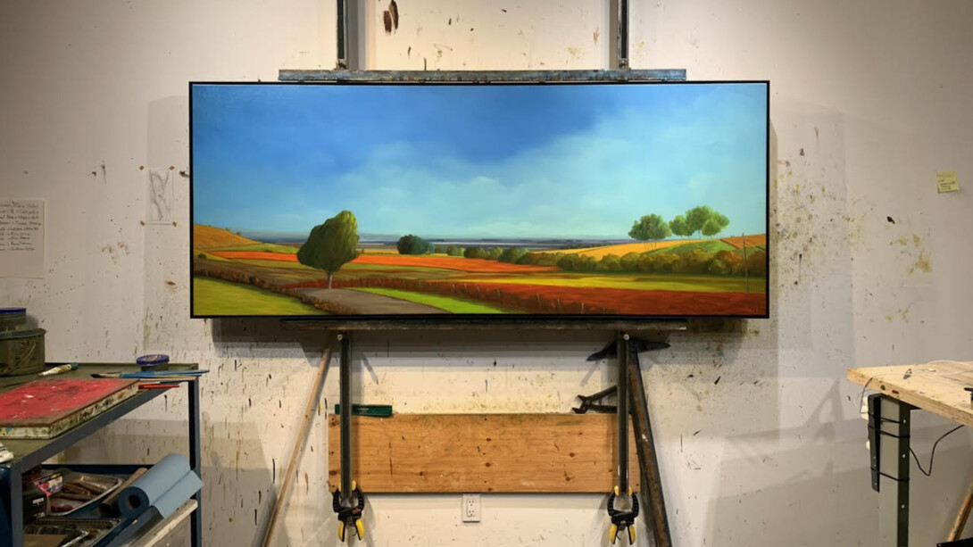 Ross Penhall, Recent Paintings, photo from the artist's studio, artwork: Edge of the Bay, oil on canvas, 34x84 inches. Courtesy of the artist and Caldwell Snyder Gallery