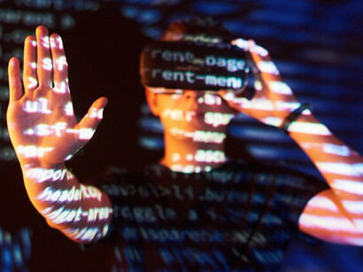 The future of language learning with a double exposure of a man wearing a virtual reality (VR) headset, juxtaposed with lines of code, highlighting the dynamic between human vs AI translation