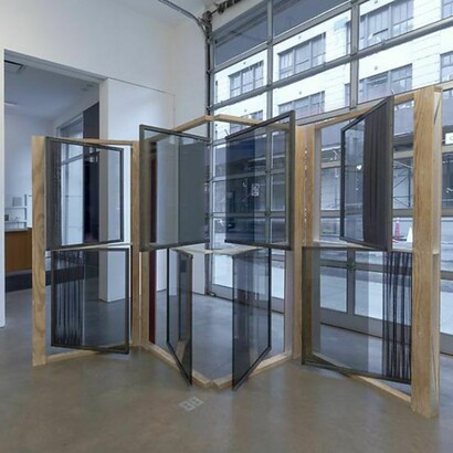 Heather Rowe, Suffusion Screen (her thoughts, means, and ends), 2014 Glass, mirror, plywood, wallpaper, paint, steel, fabric 13 x 88 x 24 in. (33 x 223.5 x 61 cm)
