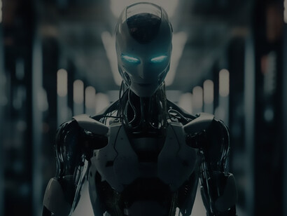 Discover the allure of a futuristic cyborg, standing amidst the luminance of a modern city, showcasing a striking robotic arm in this captivating illustration