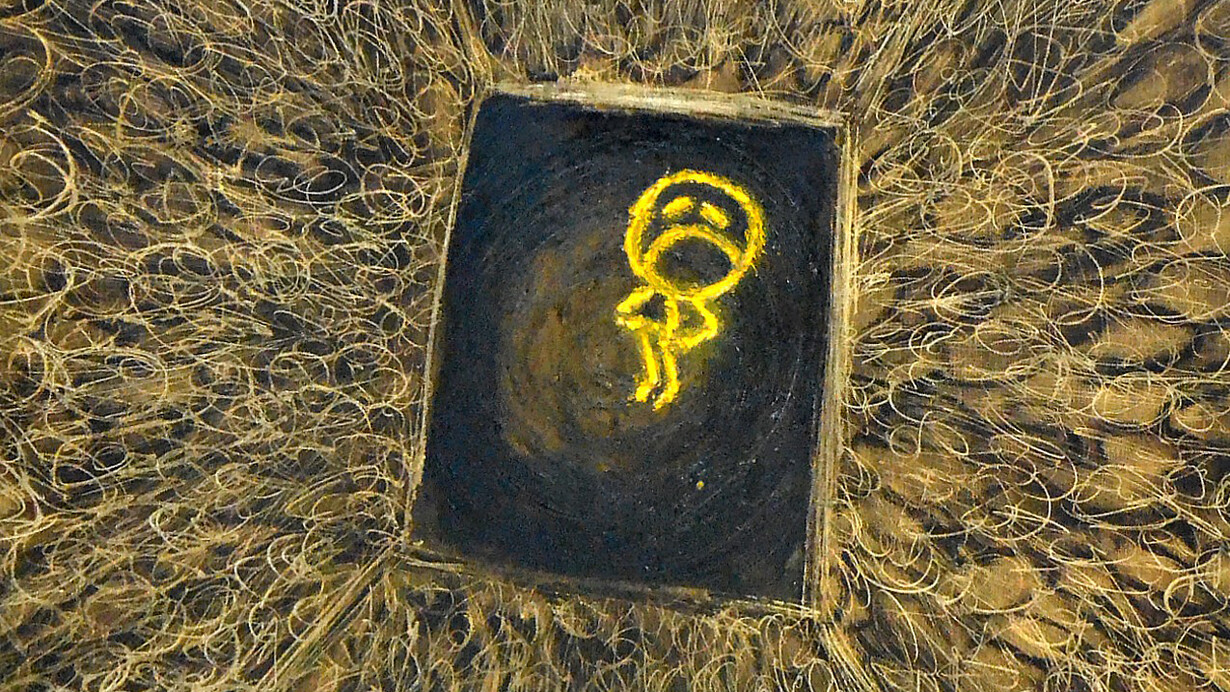 Mais minutos sozinho - 60X120 cm - Pastel extrafino, grafite, esferográfica, cimento refratário, laca e solução vinílica sobre tela
