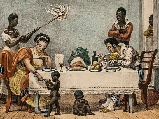 A Brazilian family in Rio de Janeiro by Jean-Baptiste Debret (1839). The Dinner, a white couple being served and fanned by black slaves
