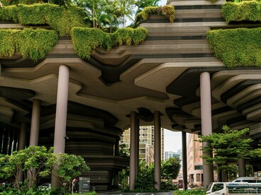 The lush terraces of Parkroyal Collection Pickering in Singapore, symbolising sustainable building design for hotter cities