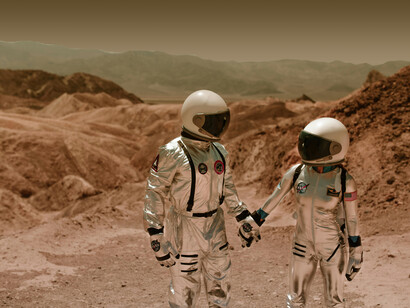 Pareja explorando un nuevo planeta. Las áreas con planetas cuyas características los hacen habitables son conocidos como Zona de Ricitos de Oro