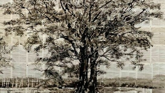 William Kentridge, Whichever page you open, 2013, Drawing Indian on Craggs Universal Technological Dictionary 1826, 80-3/4 x 82-5/8 in. Courtesy: Marian Goodman Gallery, New York.