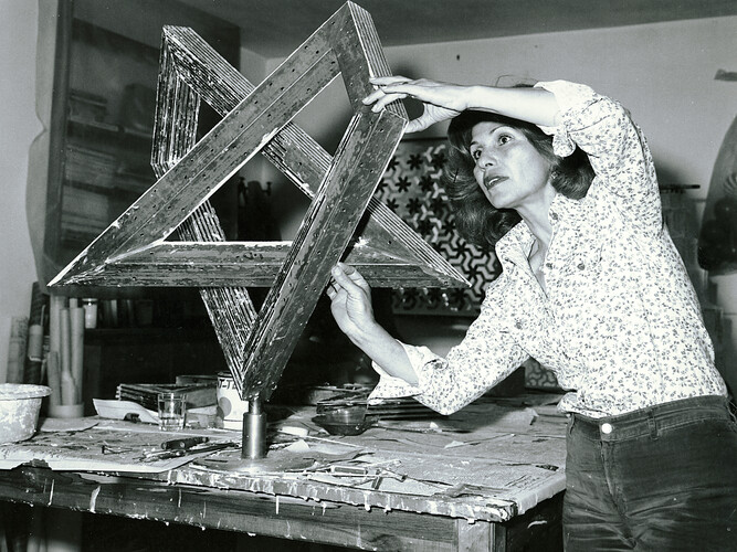 Monir Shahroudy Farmanfarmaian in her studio working on Heptagon Star, Tehran, 1975. Photo: Courtesy of the artist and The Third Line, Dubai