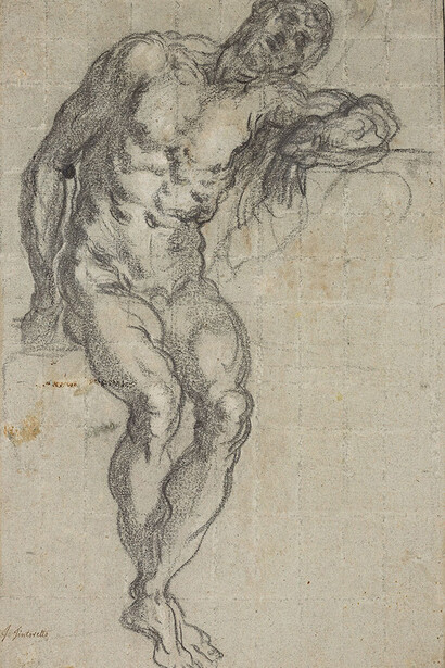Tintoretto (1518/19–1594), Seated Male Nude, ca. 1549. Black and white chalk, squared, on blue paper. Musée du Louvre, Paris, inv. 5385. © RMN-Grand Palais / Art Resource, NY