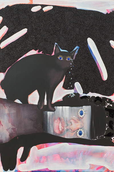 Devan Shimoyama, Black Kitty Chrystalline Tears Healing The
Black Boy's Tainted Ears, 2015
Oil, glitter, rhinestones, beads, and color pencil on canvas
36 x 46in.