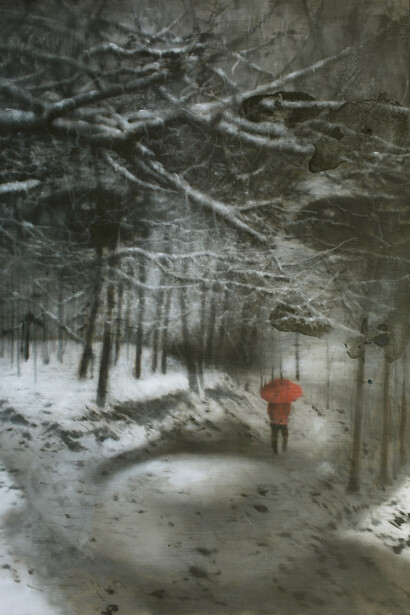 Li Tianbing, Self portrait with red umbrella, 2013, Oil on canvas, 124.46 x 91.44 x 3 cm; 49 x 36 in.
