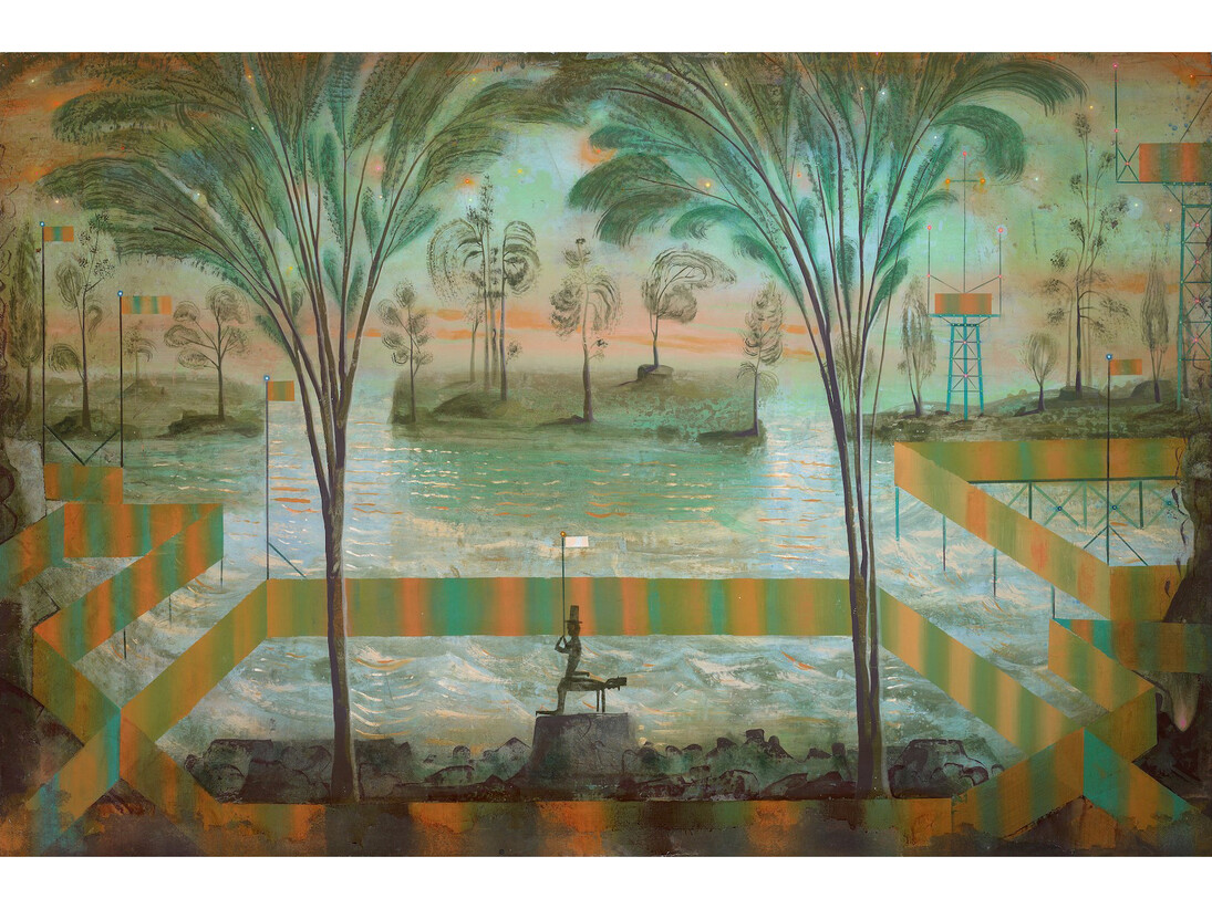 Kevin Paulsen, Outskirts (Surrender) (Abandoned Viewing Platform), 2014, pigment on plaster atop velour mounted on panel, 48 x 72 inches