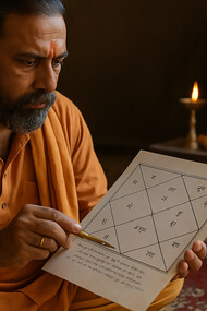 A Hindu priest studies a Vedic astrology chart by lamplight, reflecting the ancient Indian tradition of aligning human life with celestial rhythms