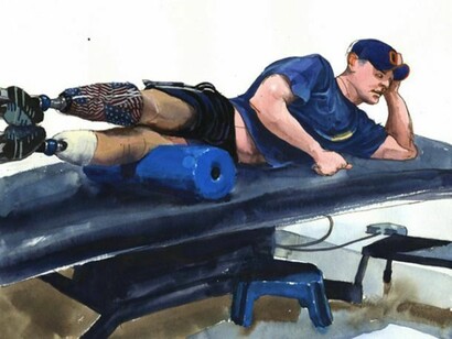 Steve Mumford. Staff Sergeant John Jones, 1/7 Marines, Charlie Co, a double amputee, performs physical therapy at Brooke Army Medical Center, 2006. Ink, watercolor, and gouache on paper. Courtesy of the artist and Postmasters Gallery, New York. © Steve Mumford