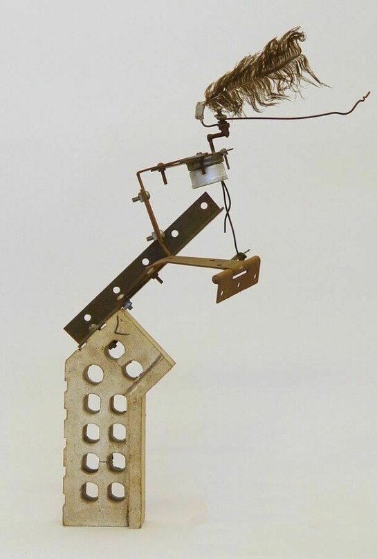 Jean Tinguely, Untitled, 1962, brick, metal, feather, tape and motor, 21 x 10 ½ x 8 inches (53,3 x 27 x 20,3). Jean Tinguely © 2013 Artist Rights Society (ARS), New York/ ADAGP, Paris