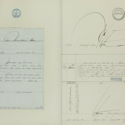 Saul Steinberg, Declaration of Independence, 1974, Ink, graphite, collage, rubber stamp, 22 1/2” x 30". Courtesy of Adam Baumgold Gallery