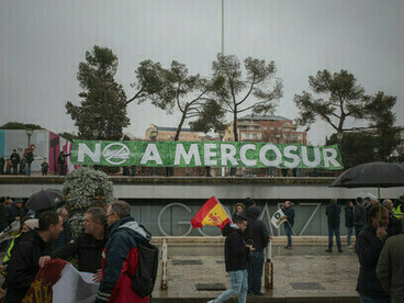 A group of protesters gathered in Madrid, Spain, to express their opposition to the trade agreement between the European Union and Mercosur