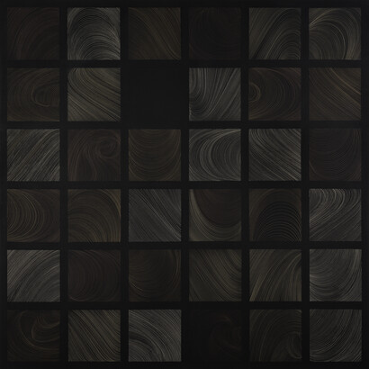 Susan Schwalb, 
Harmonizations XII, 2019-2020, 
silver/gold/aluminum/copperpoint, black gesso on wood panel, 
24 x 24 x 12 inches