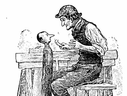 Geppetto e Pinocchio, illustrazioni originali da "Le avventure di pinocchio, storia di un burattino", Carlo Collodi, Firenze, 1902, disegni di Carlo Chiostri
