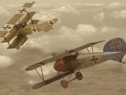 Recreación de Darío Silva que muestra a Meyer escoltando el primer triplano del Barón Rojo 