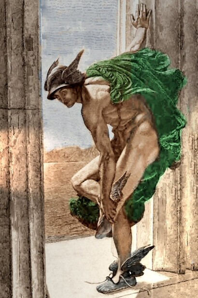 Hermes in una illustrazione del 1887 su "La Ilustración Ibérica tomo V 1887 Portada del 22 de enero". Hermes ruba il bestiame di Apollo con furbizia