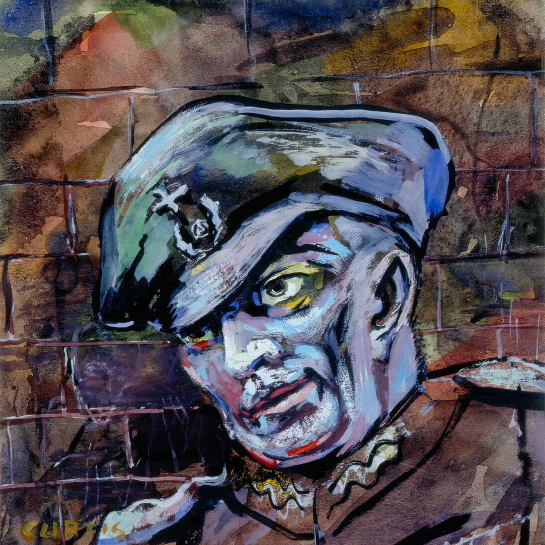 Philip C. Curtis, Man in Military Cap, 1942. Watercolor. Collection of Phoenix Art Museum, gift of the Philip C. Curtis Restated Trust U/A/D April 7, 1994.