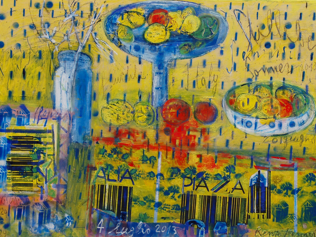 Renzo Ferrari,
Stilleben Piazza Italia,
2013,
Olio e collage in plastica su tela,
100 x 140 cm,
Collezione dell’artista