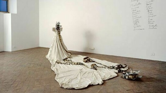 Anselm Kiefer, Apollodors Liste, 2004 Fibreglass, lead reel, photographs. 130x360x120 - 230 cm