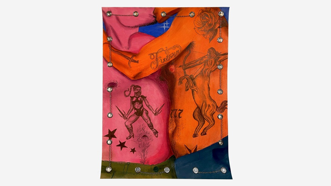 Juan Arango Palacios,
Heavy Handed, 2023,
Pastel, colored pencil, grommets, and chain on
paper,
24h x 18w in. Courtesy of the artist and Selenas Mountain