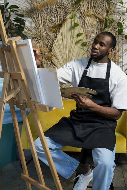 An artist carefully creating a new masterpiece on canvas, reflecting the resilience of African creativity in a modern world