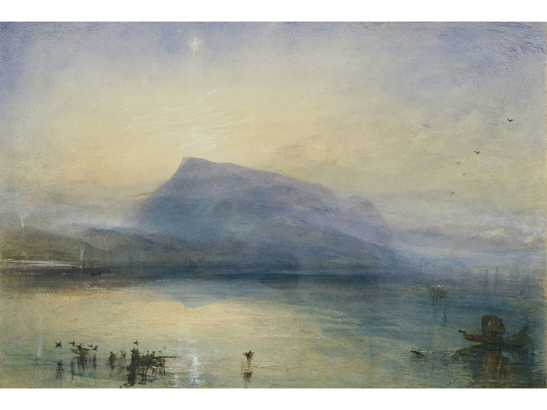 Joseph Mallord William Turner (British, 1775 - 1851). Title/Date: The Blue Rigi, Sunrise , 1842. Culture: British. Medium: Watercolor on paper. Dimensions: Unframed: 29.7 x 45 cm (11 11/16 x 17 11/16 in.). Framed: 77.5 x 92.5 x 16 cm (30 1/2 x 36 7/16 x 6 5/16 in.). Accession No. EX.2015.3.46. Object Credit: Tate: Purchased with assistance from the National Heritage Memorial Fund, the Art Fund (with a contribution from the Wolfson Foundation and including generous support from David and Susan Gradel, and from other members of the public through the Save the Blue Rigi appeal) Tate Members and other donors 2007. Repro Credit: Photo © Tate, London 2014
