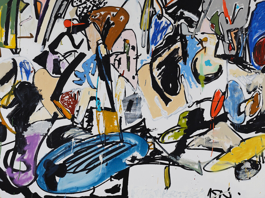 Eddie Martinez, Restartation 
2015 
Oil, enamel, silkscreen ink and spray paint on canvas 
72 by 108 in. 182.9 by 274.3 cm. 
Courtesy of the artist and Mitchell-Innes & Nash, NY 
