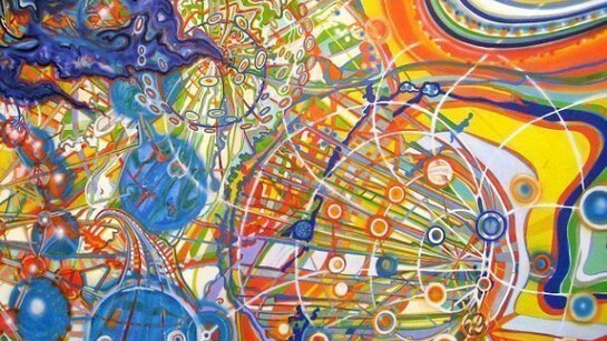 Out of the Blue, 2011, ink and airbrush on paper, 52 x 94 inches