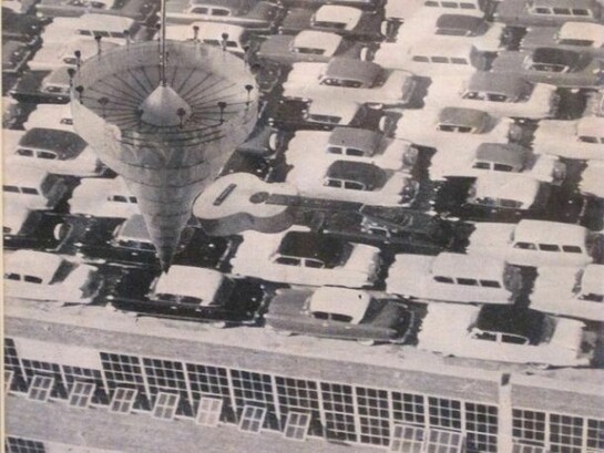 Jess, detail of Untitled (Cars on Rooftop), illustration for Caesar's Gate (Moving in your sights), 1955, collage, 8.5x6.25 inches, Courtesy Tibor de Nagy Gallery, NY