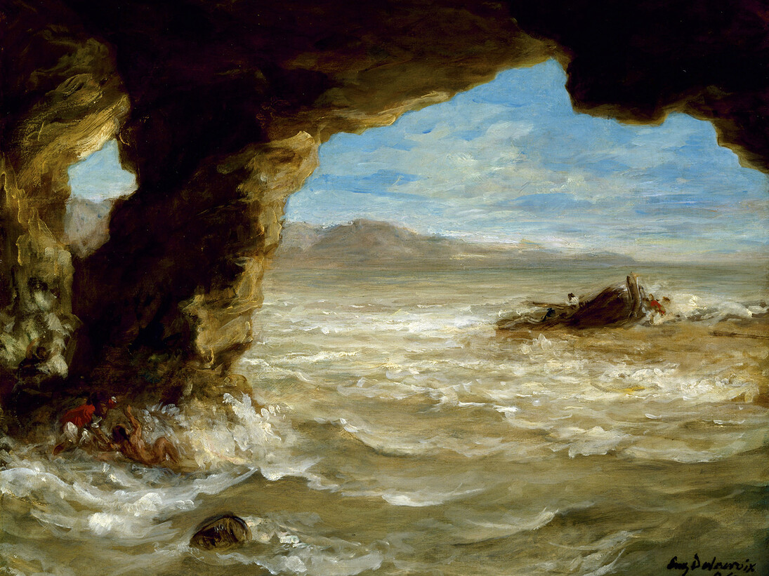 Eugène Delacroix, Shipwreck off a Coast, 1862, Oil on canvas, 38.1 × 45.1 cm, The Museum of Fine Arts, Houston, Texas Museum purchase funded by the Agnes Cullen Arnold Endowment Fund (2004.1693) © The Museum of Fine Arts, Houston, Texas / Bridgeman Images

