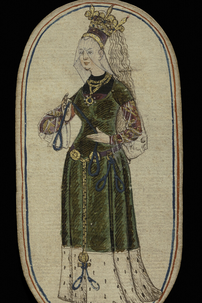 Queen of Nooses, from The Cloisters Playing Cards
South Netherlandish, Burgundian territories, ca. 1475–80
Paper (four layers in pasteboard) with pen and ink, opaque paint, glazes, and applied
silver and gold
5 3/16 × 2 ¾ in. (13.2 × 7 cm)
The Metropolitan Museum of Art, New York, The Cloisters Collection, 1983
(1983.515.41)
Image: © The Metropolitan Museum of Art, New York